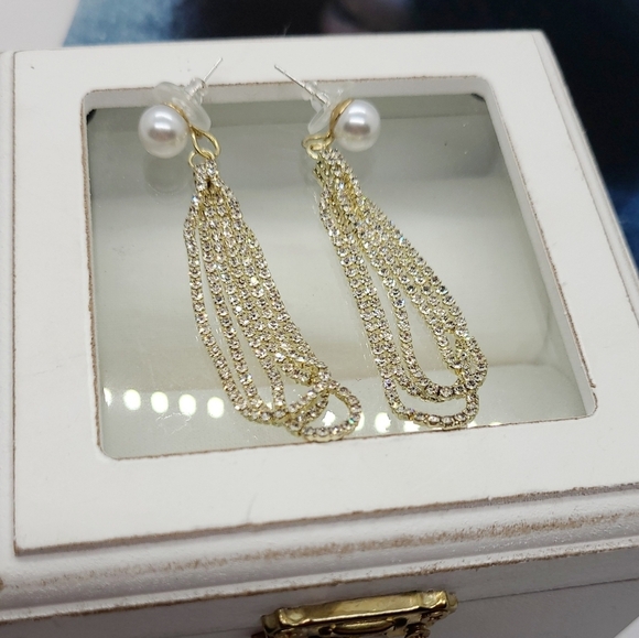 Vintage Glamourous Pearl Long Pave Set Crystal Water Drop Earrings - Picture 7 of 15